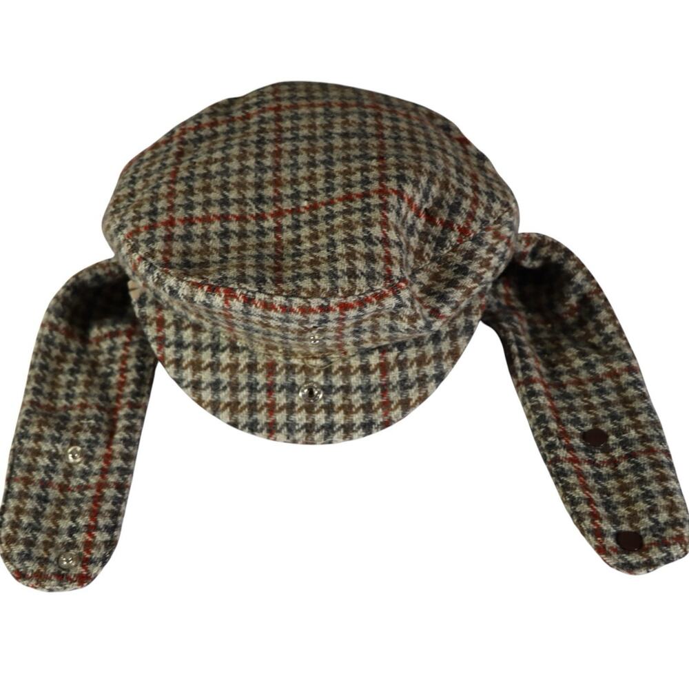 Vintage Harrods Mens Wool Ear Flap Trapper Rare Hat Houndstooth Plaid Sz 7 1/8 M